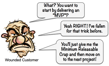 Picture and thought bubbles of a person named "Wounded Customer" complaining about 3 problems with the concept of MVP