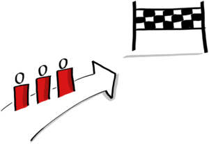 Three people riding an arrow pointing towards a finish line.
